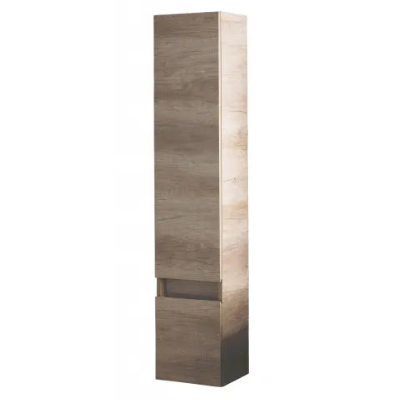 Tall narrow freestanding vanity unit in Nebraska Oak finish with dark lower drawer section and light wood upper cabinet, modern minimalist design