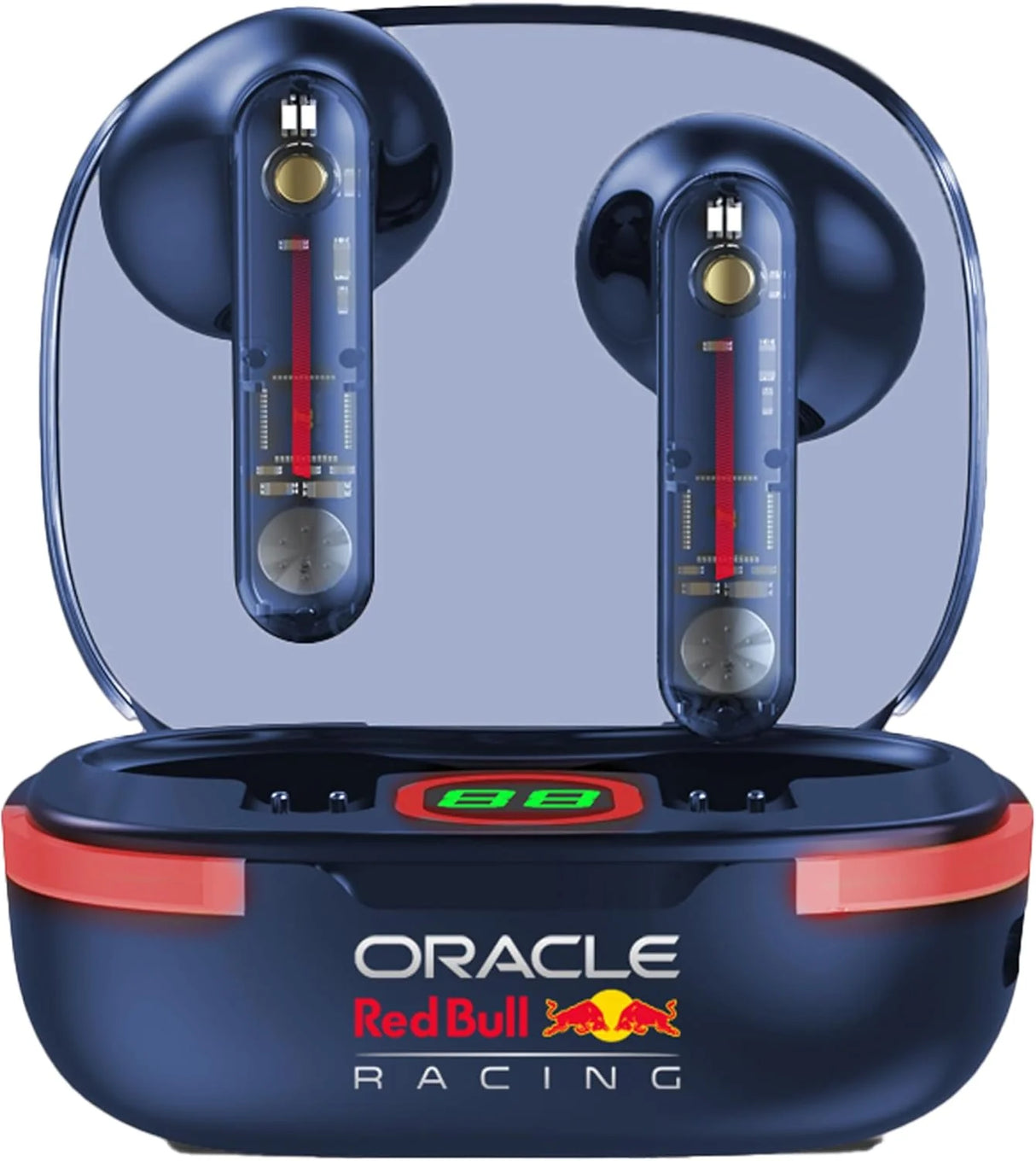 Oracle Red Bull Racing blue true wireless earbuds with charging case, featuring transparent design showing internal components, red accent stripe, and gold control buttons