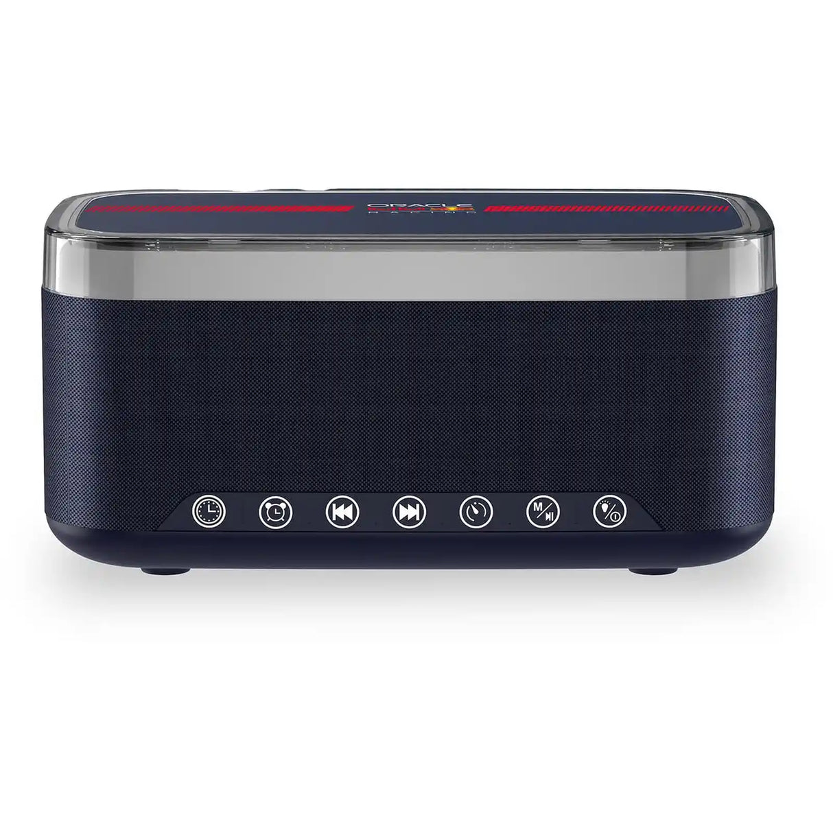 Red Bull Racing blue Bluetooth speaker with dark fabric body, clear top panel, and control buttons including playback and volume controls, displayed against white background