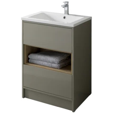 Lucca taupe grey floor standing bathroom vanity unit with white ceramic sink, chrome tap, open shelf with folded grey towels and drawer storage