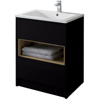 Black floor standing bathroom vanity unit with white ceramic sink, chrome faucet, and open shelving compartment displaying folded towels