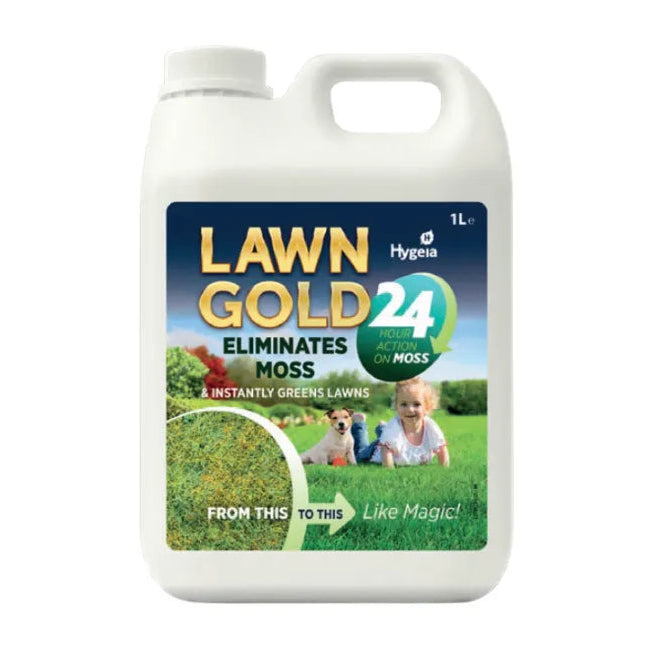 Hygeia Lawn Gold 24 moss killer and lawn greener in a 1 litre white plastic container with blue and gold labeling showing before and after lawn treatment results
