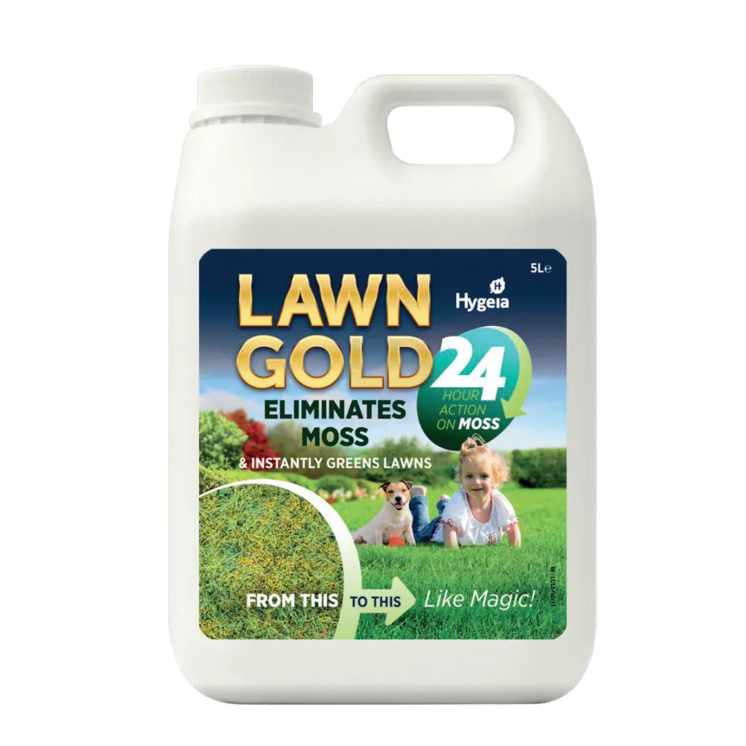 Hygeia Lawn Gold 24 5 litre white plastic container of moss killer and lawn greener with navy blue and gold label showing before and after lawn comparison and family with dog on grass