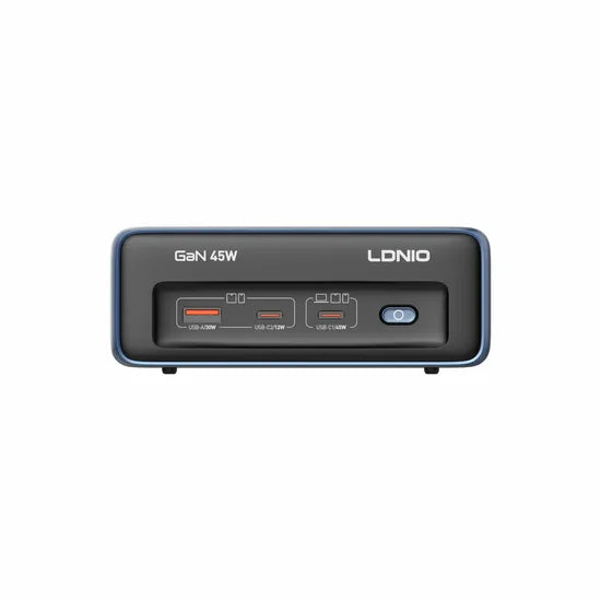 LDNIO GaN 45W black desktop power strip with multiple USB-C and USB-A ports and power switch on white background