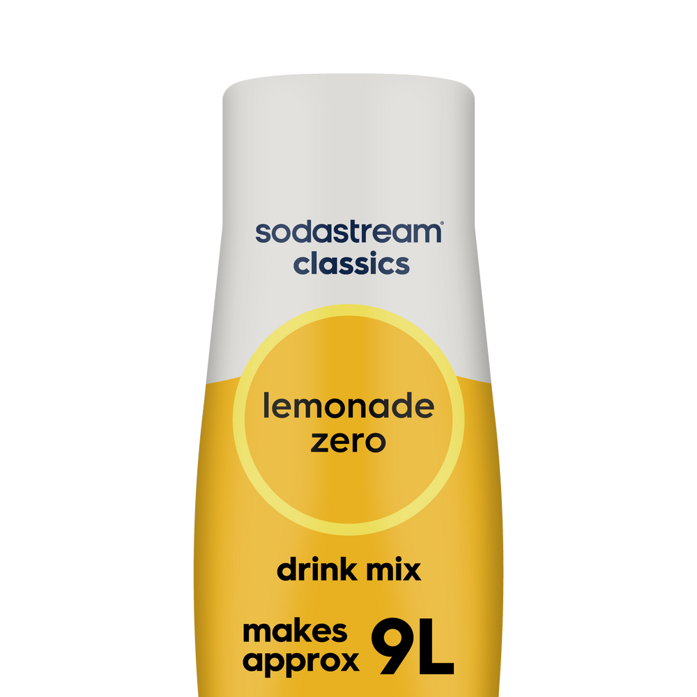 SodaStream Classics Lemonade Zero drink mix bottle with white cap and yellow label, makes approximately 9 liters