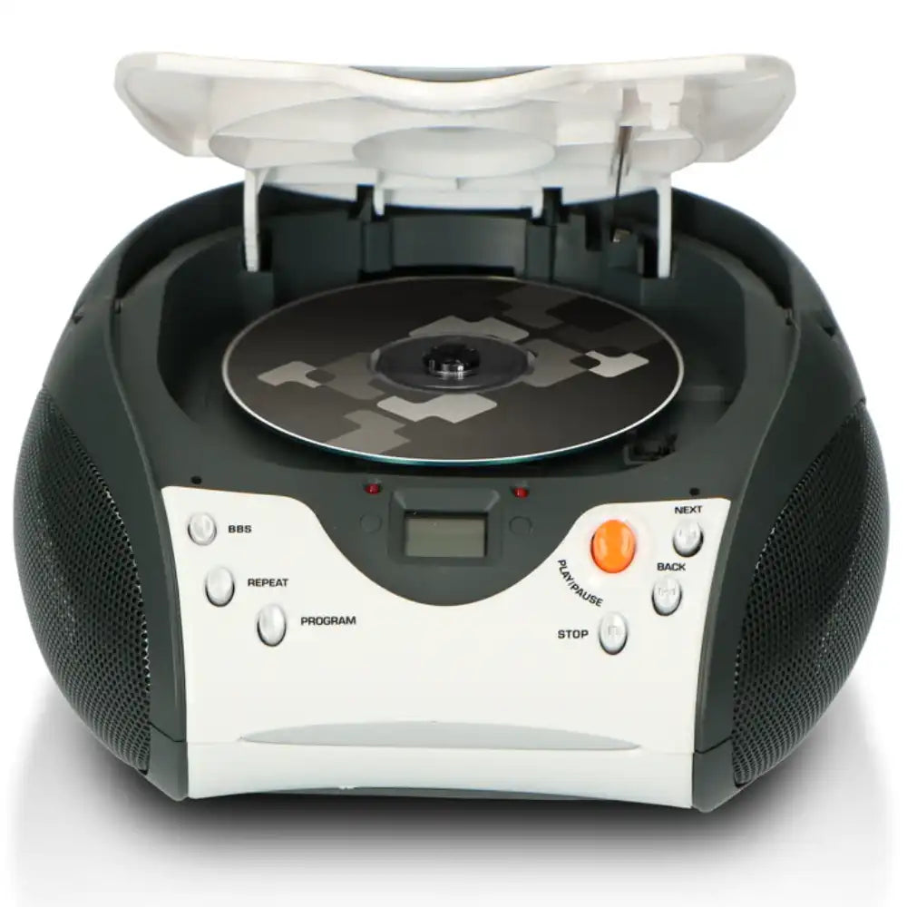 Lenco SCD-24WHITE portable stereo boombox with FM radio and CD player featuring white and dark gray design, fabric speakers, and control buttons including play, stop, next, back, repeat and program functions with open CD tray on top