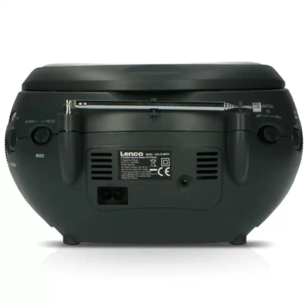 Back view of black Lenco portable stereo boombox with CD player, FM radio tuner, dual speakers, and carrying handle