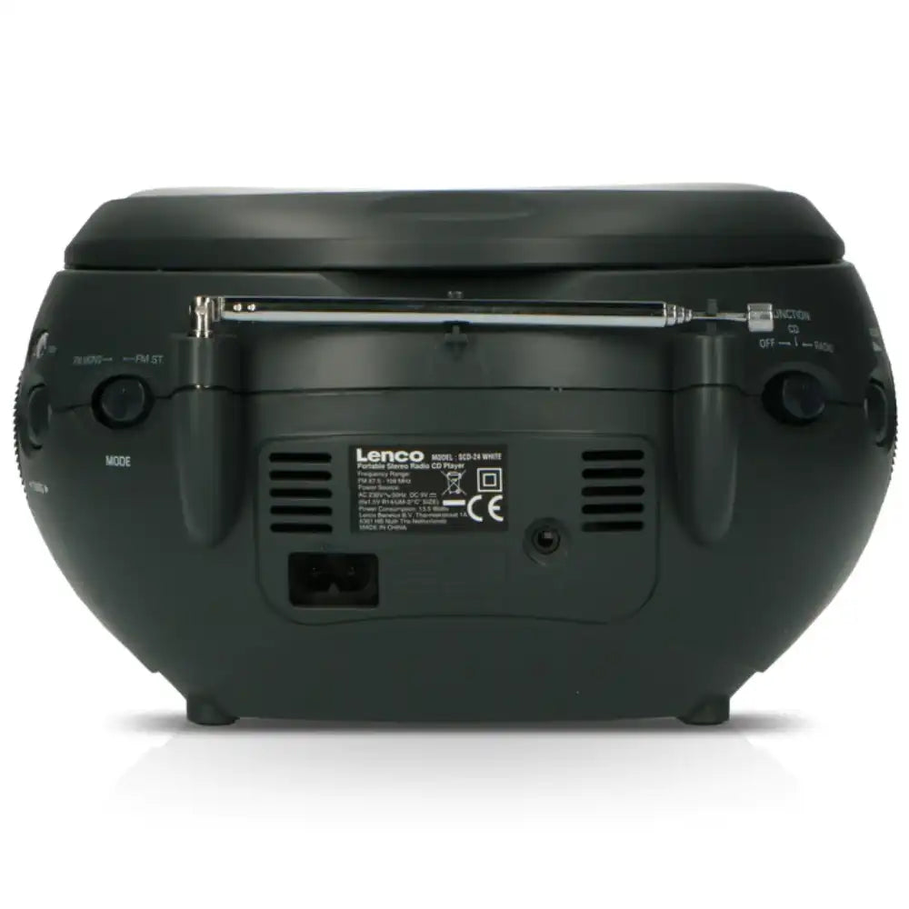 Lenco SCD-24 portable stereo boombox with FM radio and CD player in black, shown from rear view displaying control panel and speaker grilles