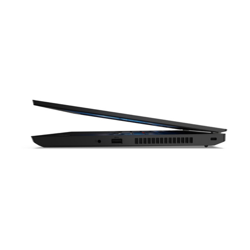 Lenovo ThinkPad L14 G1 laptop shown from the side in black with open lid displaying blue accent stripe and ventilation ports