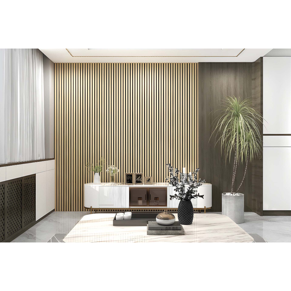 Modern luxury interior featuring vertical acoustic wall panels in natural wood tones with gold accents, contemporary furniture, marble flooring, potted plants and minimalist decor in a sophisticated living space