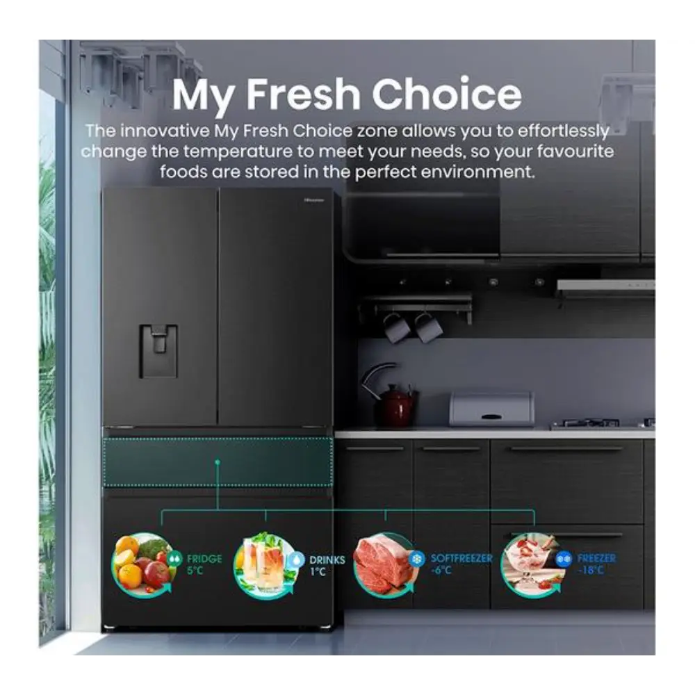 Hisense PureFlat black stainless steel fridge freezer with My Fresh Choice zone showing temperature settings for fridge 5°C, drinks 1°C, softfreezer -6°C and freezer -18°C with water dispenser