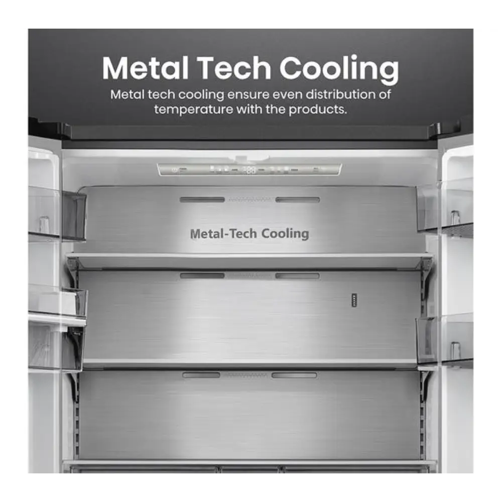 Interior view of Hisense PureFlat black stainless steel fridge freezer showing metal-tech cooling shelves with even temperature distribution across multiple compartments