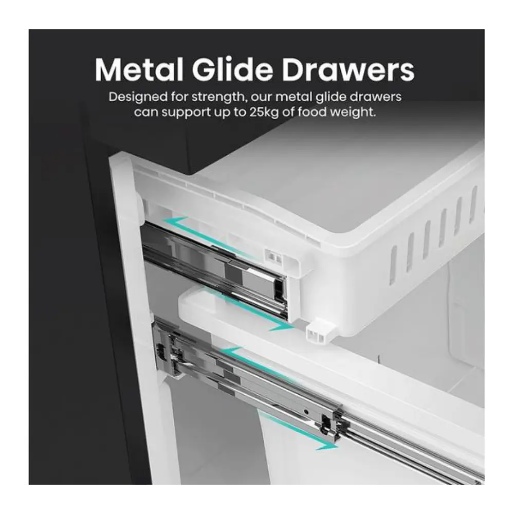 Close-up of metal glide drawer mechanism in white refrigerator showing two extended drawers with turquoise arrow indicators demonstrating smooth gliding motion, highlighting 25kg food weight capacity feature