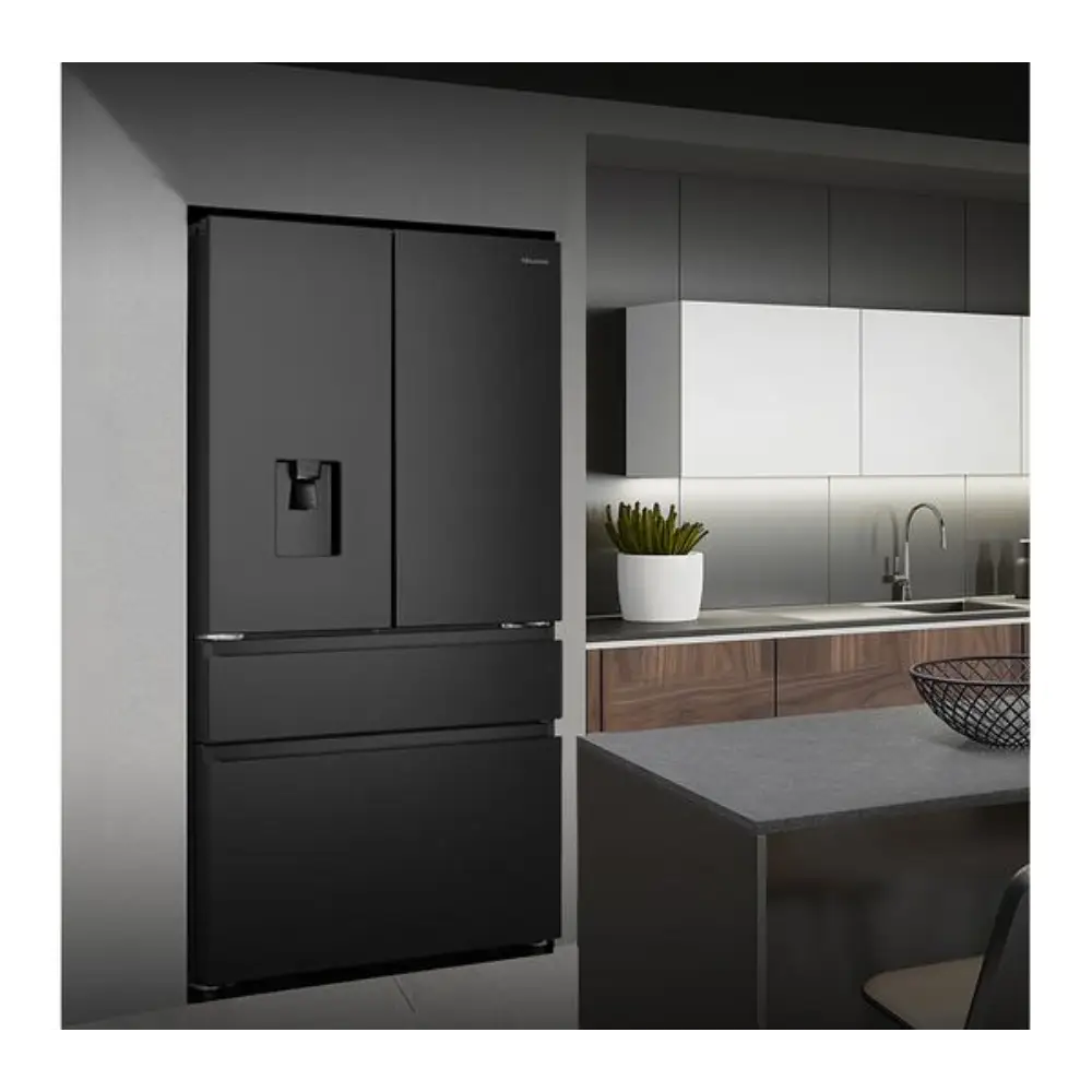 Hisense PureFlat black stainless steel french door refrigerator freezer in modern kitchen with white cabinetry and wooden lower cabinets