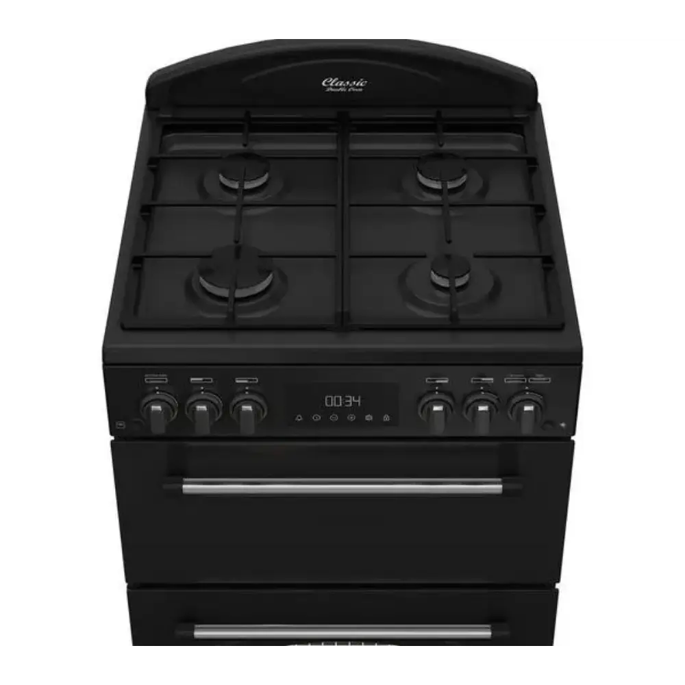 Black Leisure Classic double oven gas cooker with four gas burners, digital display, control knobs and stainless steel handles