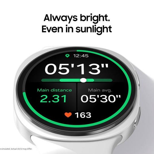 Samsung Galaxy Watch 8 Cellular LTE 44mm smartwatch in white with black digital display showing fitness metrics including elapsed time, distance and heart rate, featuring always-on bright AMOLED screen with green accent ring