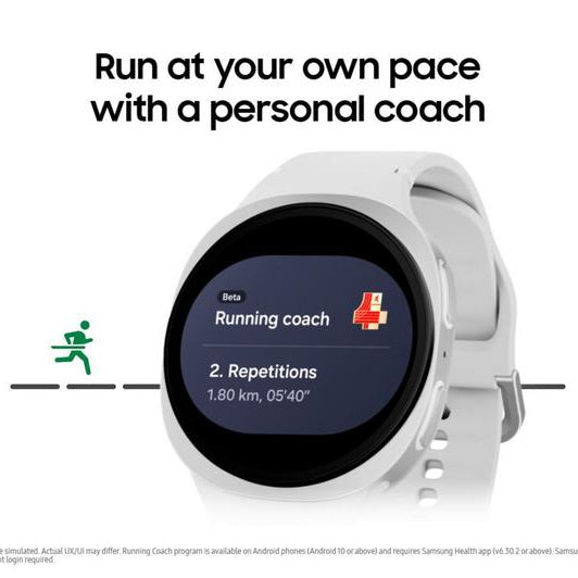 Samsung Galaxy Watch 8 Cellular LTE 44mm smartwatch in white with running coach feature displayed on circular screen showing 2 repetitions workout at 1.80 km duration