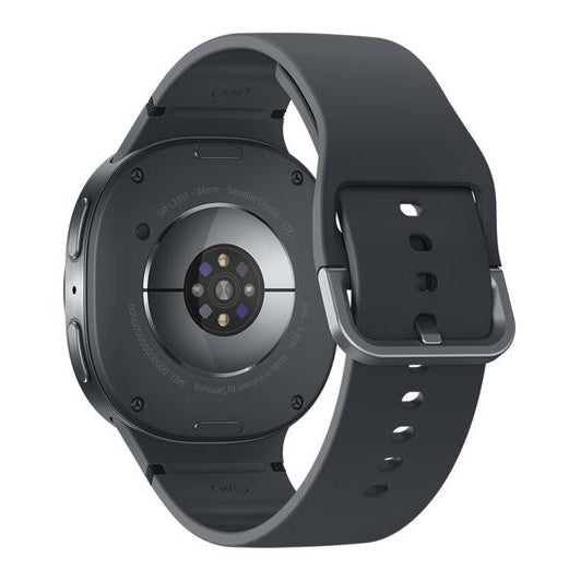 Samsung Galaxy Watch 8 Cellular LTE 44mm smartwatch in graphite black with round display, black sport band, and visible heart rate sensor on rear case