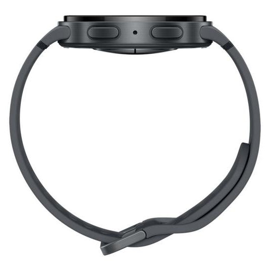 Samsung Galaxy Watch 8 Cellular LTE 44mm smartwatch in graphite gray with dark gray silicone band, displayed flat against white background showing front and side view