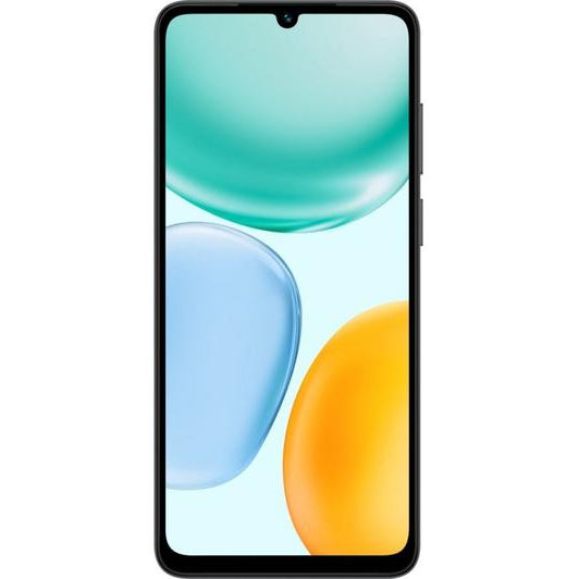 Honor X5c Plus smartphone in midnight black displaying colorful abstract wallpaper with teal, blue and yellow fluid shapes on screen, shown against white background
