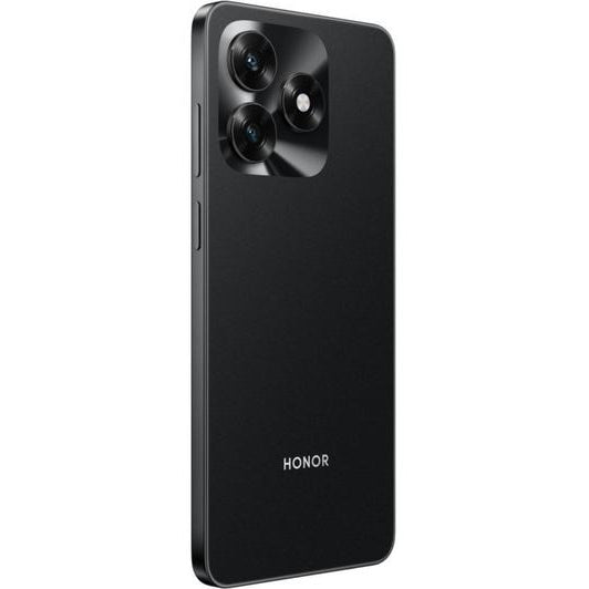 Honor X5c Plus smartphone in midnight black showing rear camera setup with dual lenses and LED flash, displayed at angle against white background
