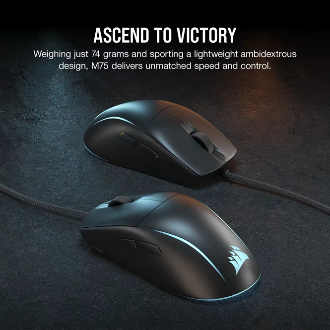 Corsair M75 lightweight gaming mouse in black with RGB lighting shown from two angles on dark textured surface, featuring ambidextrous design and wired connection