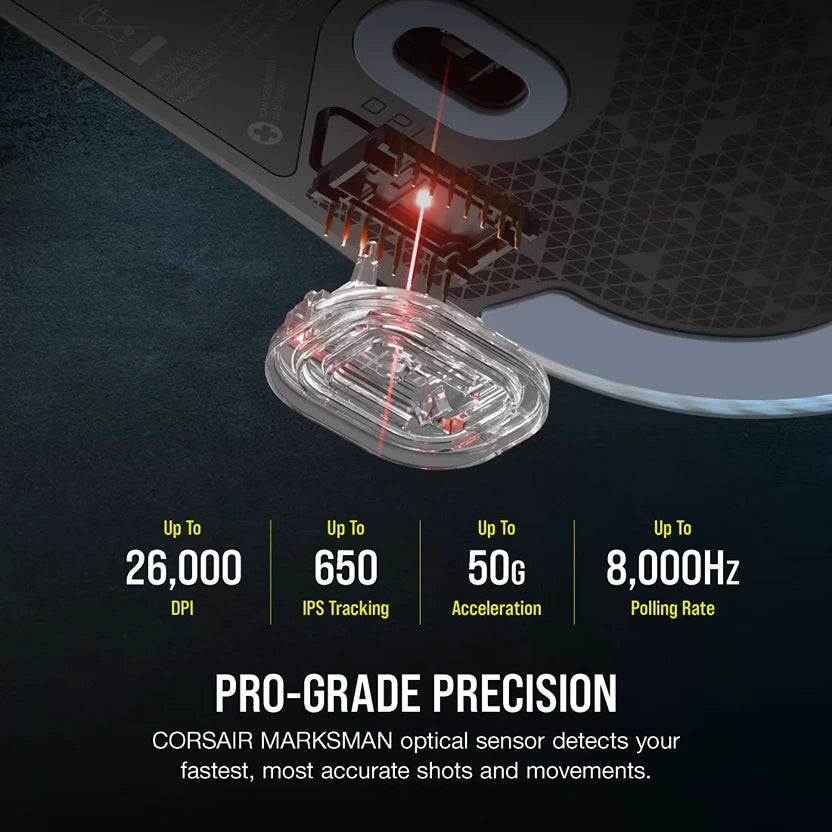 Corsair M75 Lightweight RGB gaming mouse displayed from above showing transparent sensor housing with red LED lighting, featuring pro-grade precision specifications of up to 26,000 DPI, 650 IPS tracking, 50g acceleration, and 8,000Hz polling rate