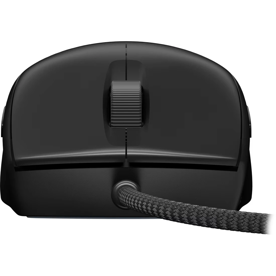 Corsair M75 lightweight RGB wired gaming mouse in black with textured side grip and braided cable viewed from above on white background