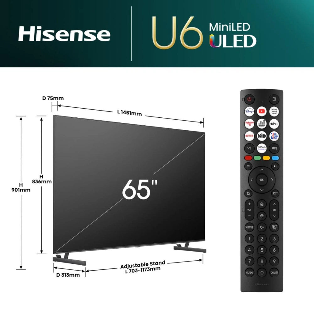 Hisense U6N 65 Inch 4K Smart TV - Black and Dark Grey | 65U61NQ