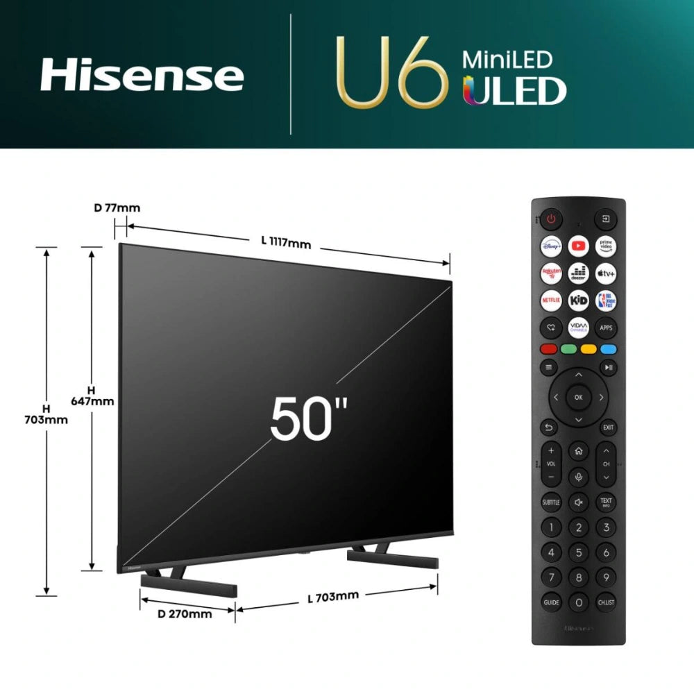 Hisense U6N 50 Inch 4K Smart TV - Black and Dark Grey | 50U61NQ