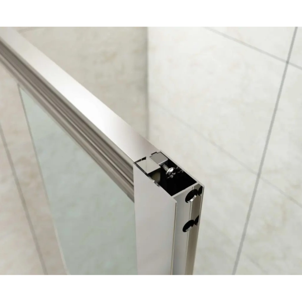 Close-up detail of Merlyn MBOX bifold shower door frame showing white aluminium profile with chrome hardware and black internal mechanisms against white tiled bathroom wall