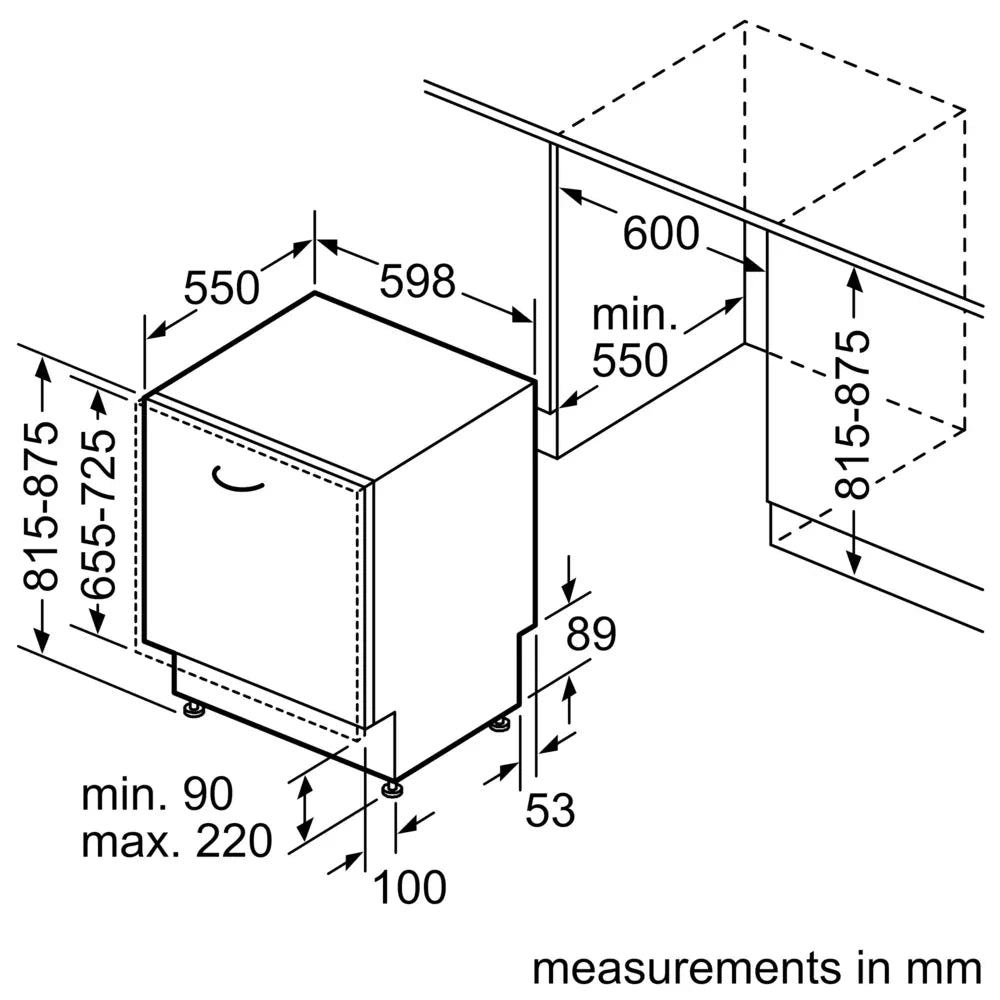 Technical dimension diagram of Bosch Serie 4 integrated dishwasher showing measurements in millimeters including width 598mm, height 815-875mm, depth 550-600mm, and installation clearances for 60cm built-in kitchen placement