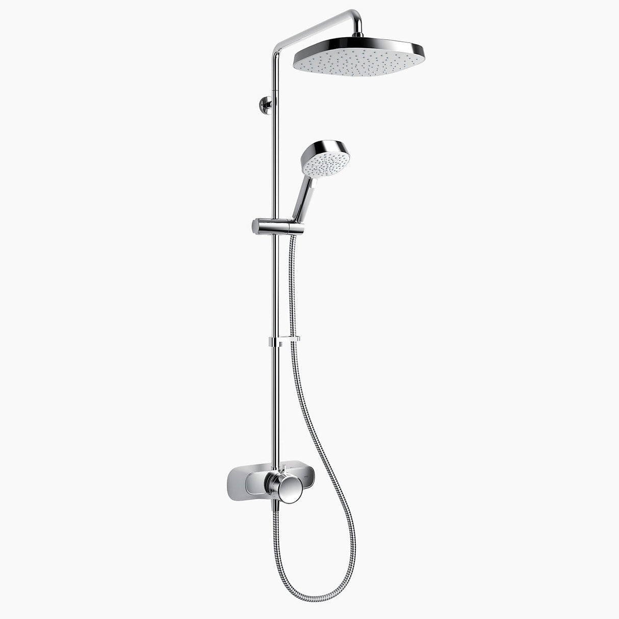 Chrome shower head and handheld shower on a white background