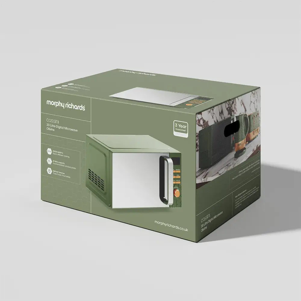Morphy Richards Cassini 20 litre digital microwave in olivine green with black digital control panel displayed in packaging box