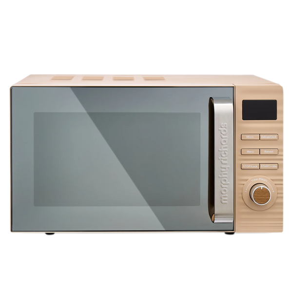 Morphy Richards Clay 20 litre 800w microwave with beige wooden-effect exterior, grey interior cavity, digital display panel and control buttons on the right side