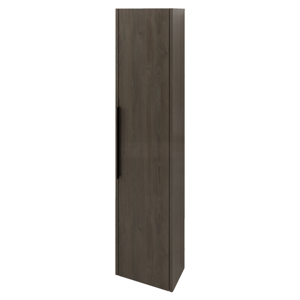 Tall narrow wall mounted vanity unit in dark grey lava wood grain finish with vertical grain pattern and subtle seam detail down the center