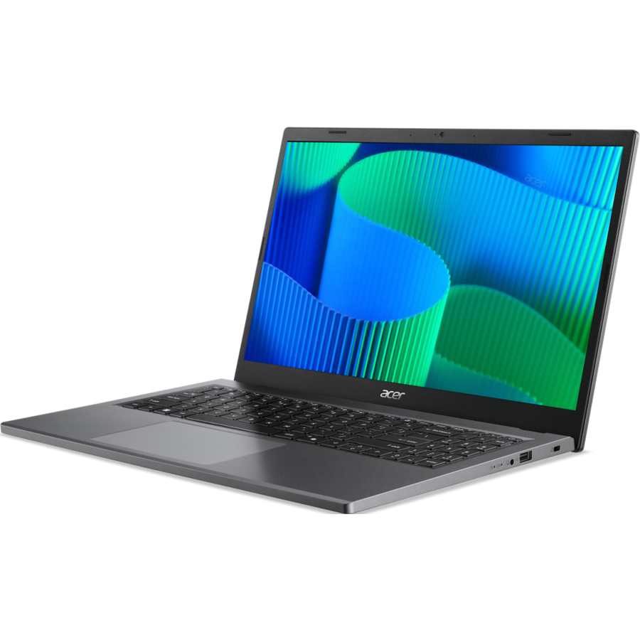 Acer Extensa 15.6 inch laptop in grey with black keyboard displaying blue and green abstract wallpaper on screen, shown at angle against white background