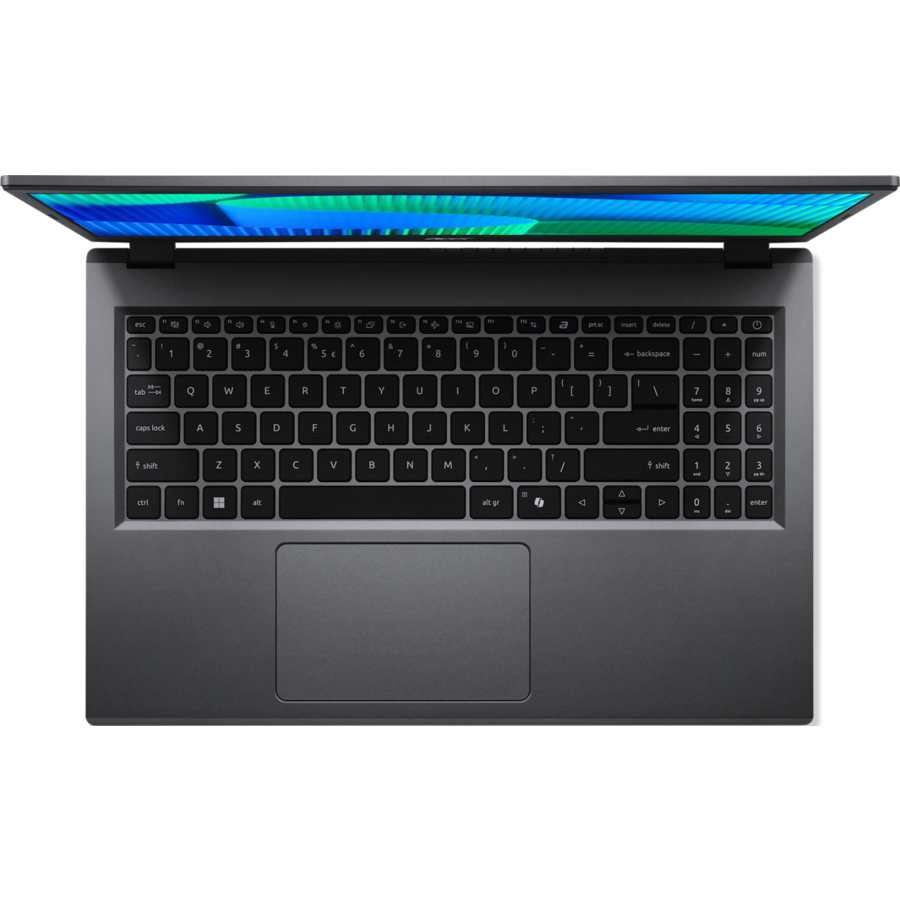 Acer Extensa 15.6 inch laptop in dark grey displaying colorful blue and green display wallpaper, viewed from above showing full QWERTY keyboard and touchpad
