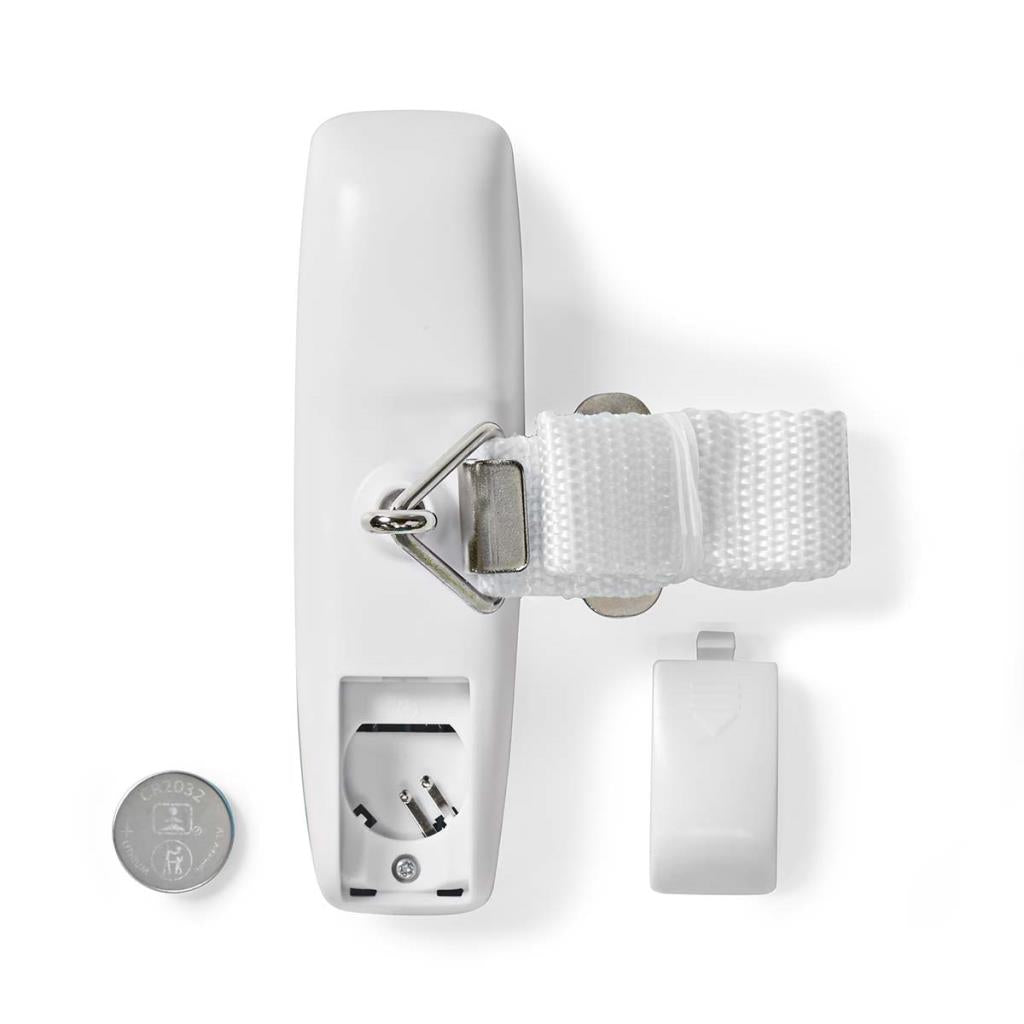 White wall-mounted electrical outlet with a strap and battery on a white background