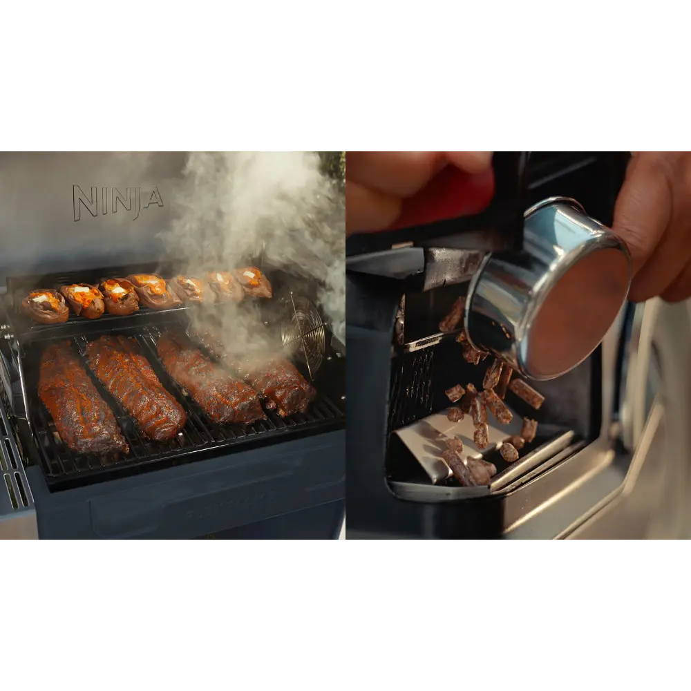 Ninja FlexFlame gas BBQ grill in blue showing sausages and ribs cooking with smoke, alongside close-up of drip tray catching meat juices
