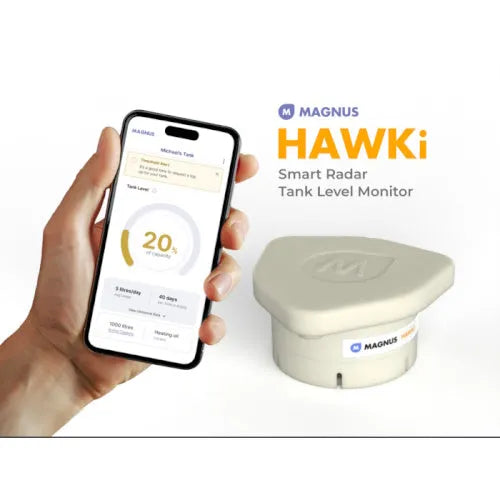 Magnus HAWKi Smart Radar Tank Level Monitor showing smartphone app interface displaying 20% tank level on left and white dome-shaped wireless sensor device on right with product branding