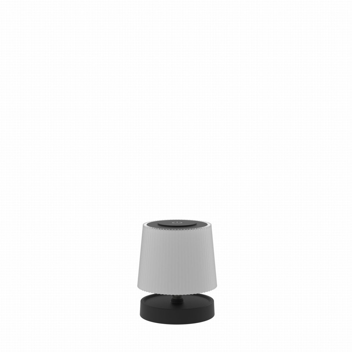 Small table lamp with a white shade and black base on a white background