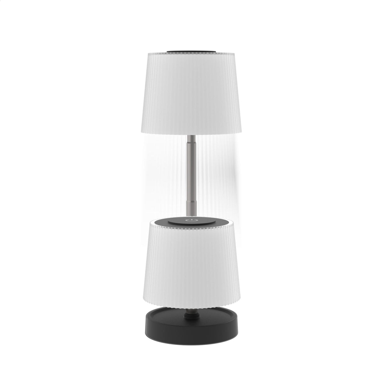 Table lamp with white shade and black base on a white background