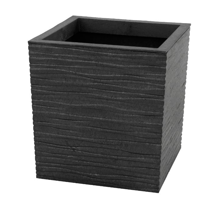 Slate grey rectangular garden planter with rippled horizontal texture pattern, 36cm Tierra Verde Serenity model, empty dark concrete container on white background