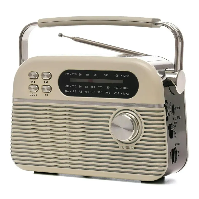 Lloytron Bolero cream retro portable radio with metal handle, tuning dial, FM AM SW bands, control buttons and telescopic antenna