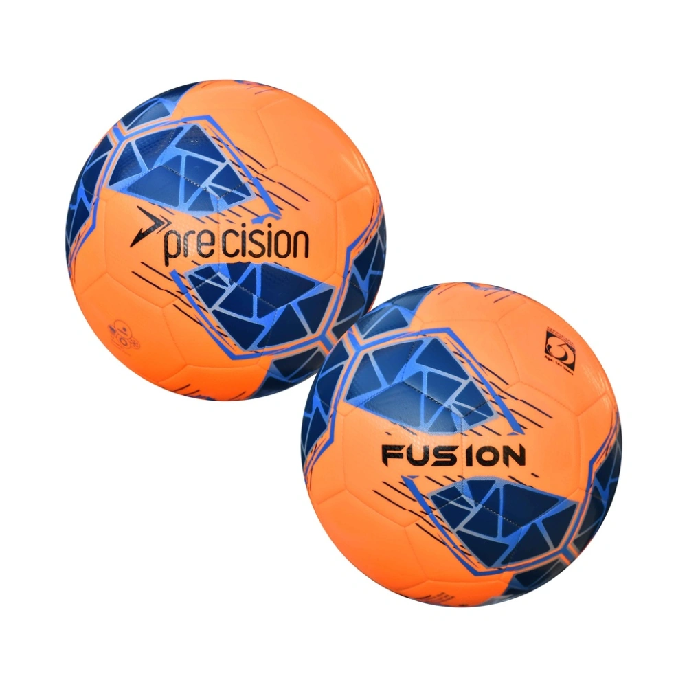 Two orange and blue soccer balls with 'preCision' and 'Fusion' branding on a white background.