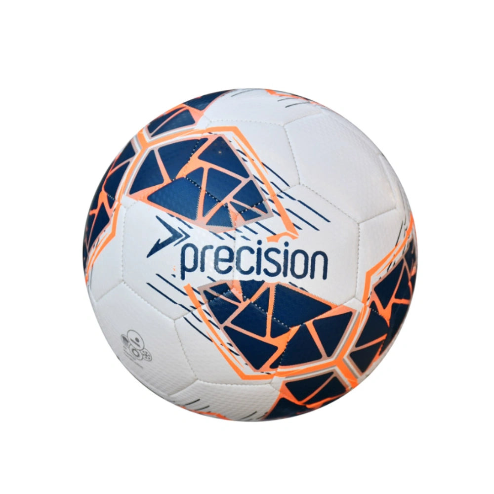 White soccer ball with blue and orange patterns and 'precision' branding on a white background
