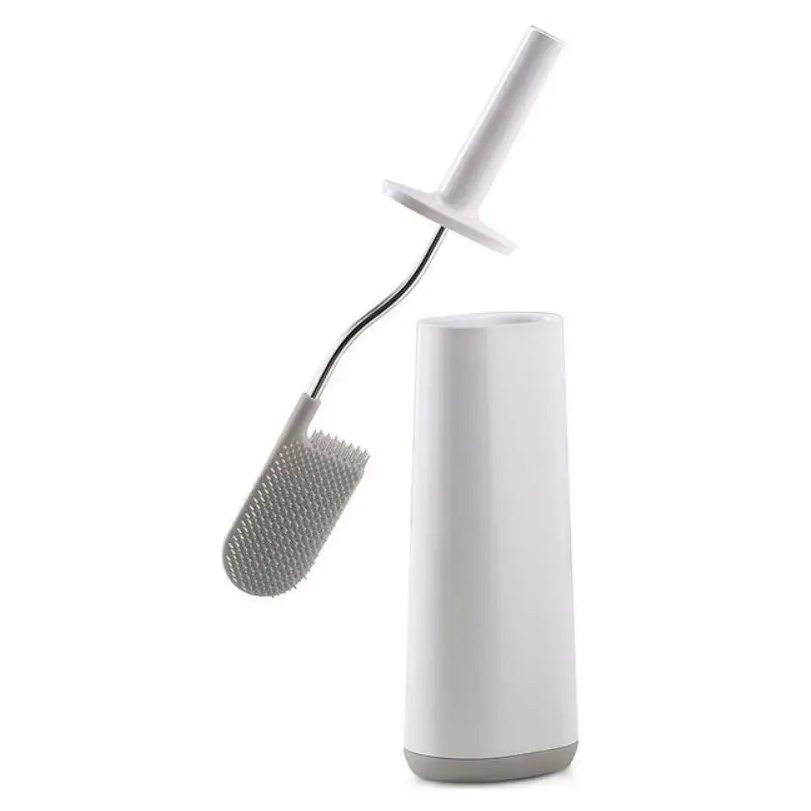 Joseph Joseph Flex Toilet Brush in grey and white with flexible handle and storage caddy shown on white background