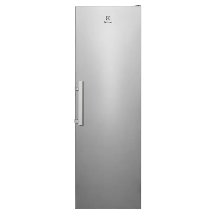Electrolux 600 Series tall larder fridge in stainless steel with handle and Electrolux logo on front door