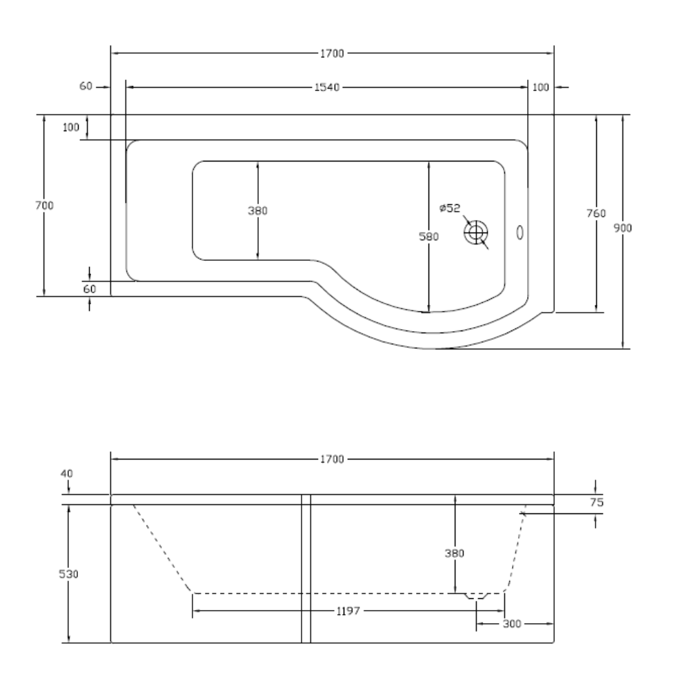 P SHAPE 1700x900mm Single Ended Shower Bath & Panel White with Bath Screen Chrome